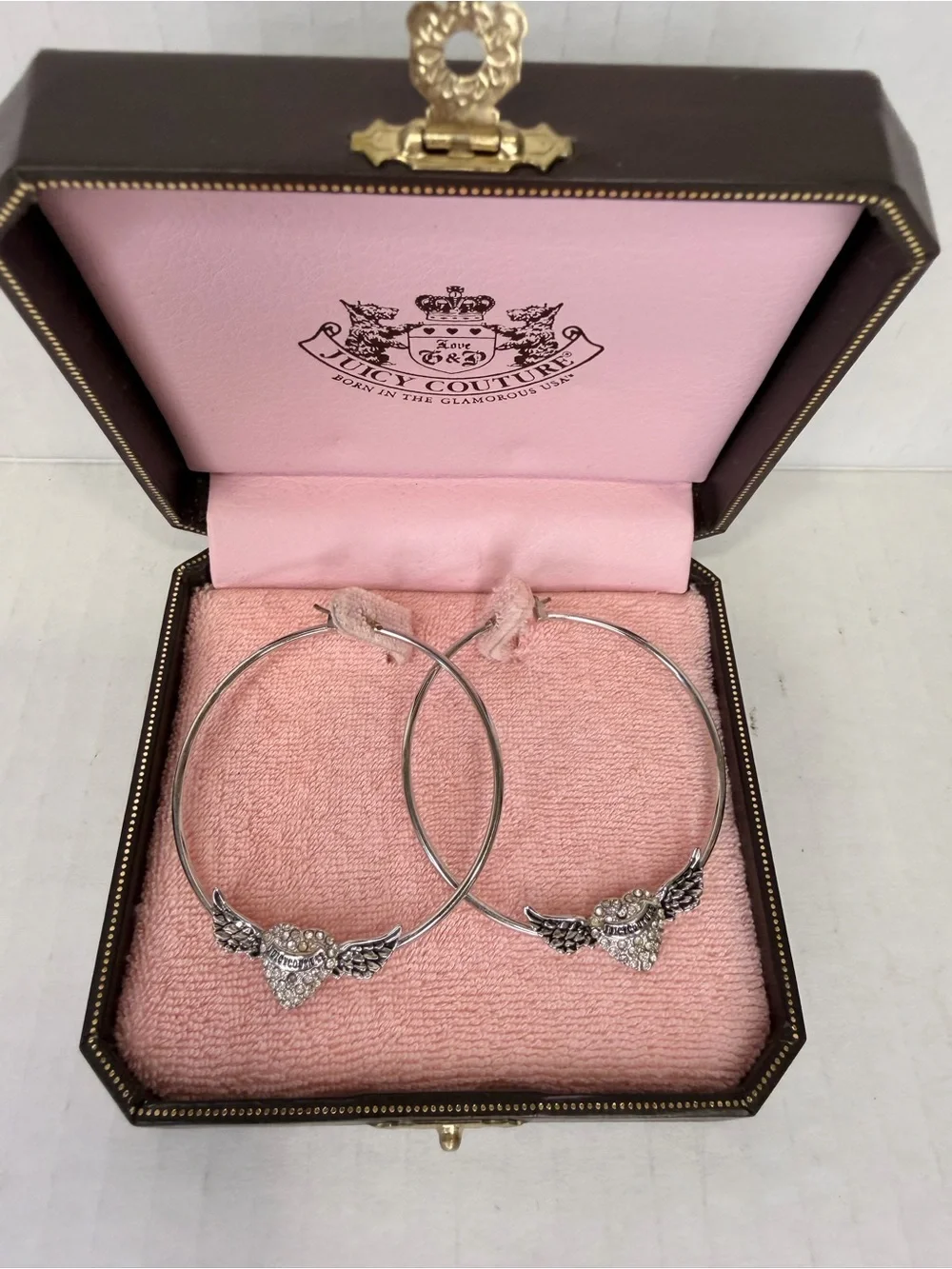 NWT Juicy Couture Silver Paved Heart with Wings Hoop Earrings